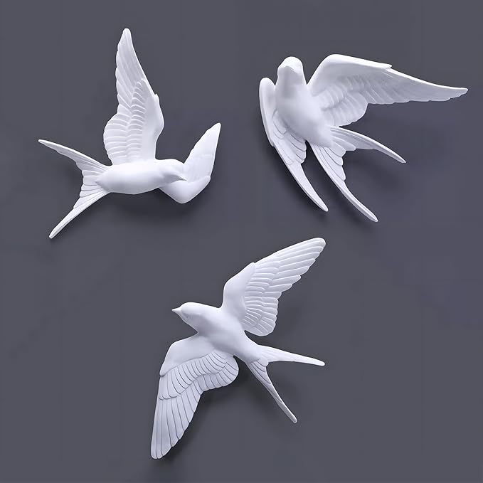 3 Pcs Swallows Bird Wall Sculpture, 3D White Birds Sparrows Swallows Decor, Outdoor/Indoor Peace Peace Dove Bird Figurines for Home, Garden and Patio (White)