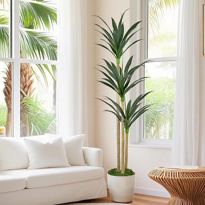 5ft Faux Agave Plant Artificial Tree with 45 Leaves and 3 Large Realistic Trunks,Fake Floor Potted Artificial Tall Plants for Home Office Garden Decor Indoor