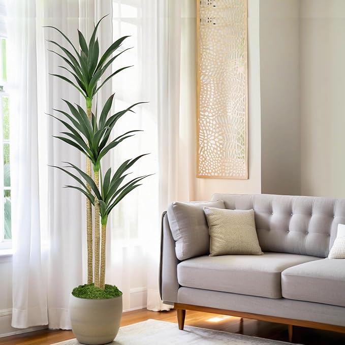 5ft Faux Agave Plant Artificial Tree with 45 Leaves and 3 Large Realistic Trunks,Fake Floor Potted Artificial Tall Plants for Home Office Garden Decor Indoor