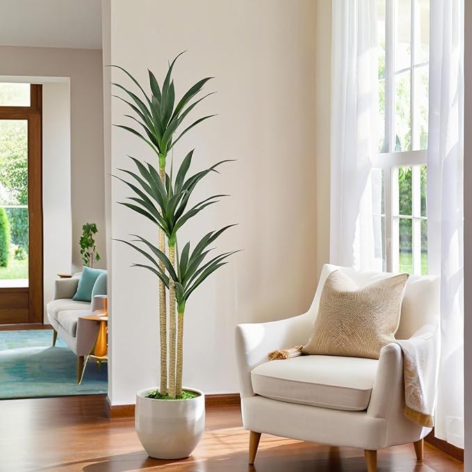 5ft Faux Agave Plant Artificial Tree with 45 Leaves and 3 Large Realistic Trunks,Fake Floor Potted Artificial Tall Plants for Home Office Garden Decor Indoor