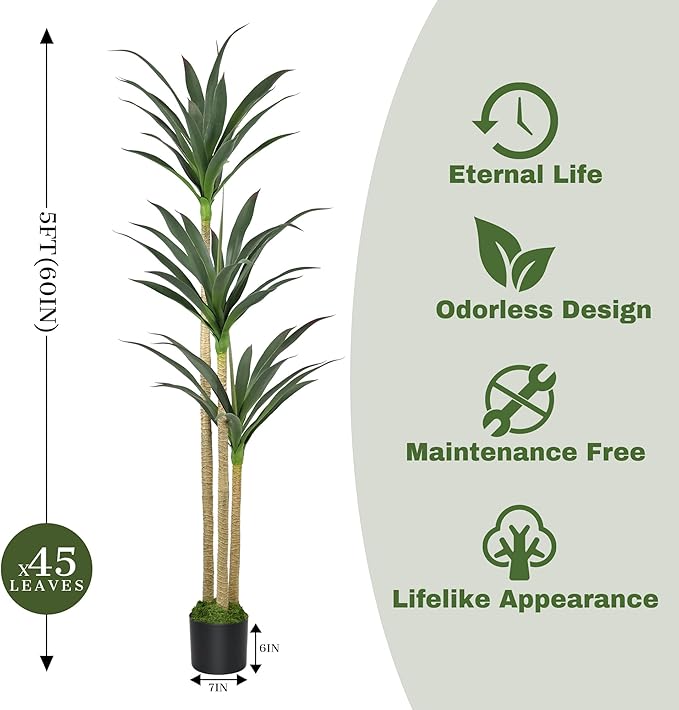 5ft Faux Agave Plant Artificial Tree with 45 Leaves and 3 Large Realistic Trunks,Fake Floor Potted Artificial Tall Plants for Home Office Garden Decor Indoor